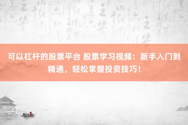可以杠杆的股票平台 股票学习视频：新手入门到精通，轻松掌握投资技巧！